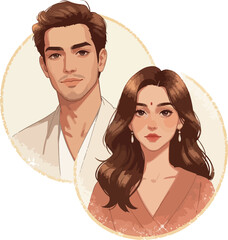 Couple Portrait Romantic Male Female Beige Circle Background