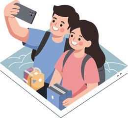 Couple Taking Selfie With Luggage Travel Vacation Flat Design Vector