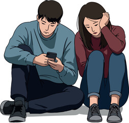 Couple Sitting Sad Looking at Phone Minimal Illustration