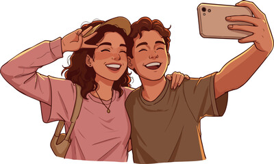 Couple Taking Selfie Smiling Joyfully Outdoors with Warm Sunlight