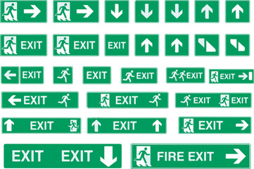 International standard collection of green emergency fire exit signs and directional safety arrows © shonaching
