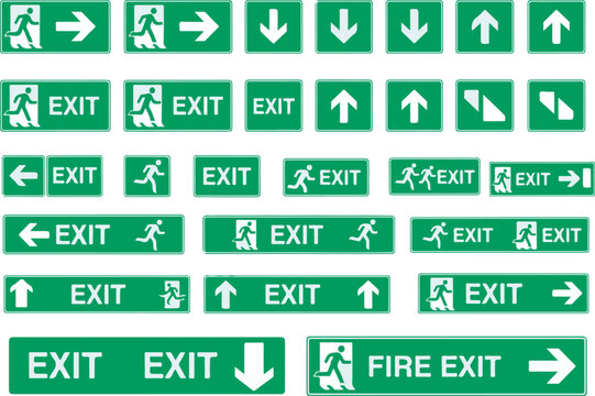 International standard collection of green emergency fire exit signs and directional safety arrows