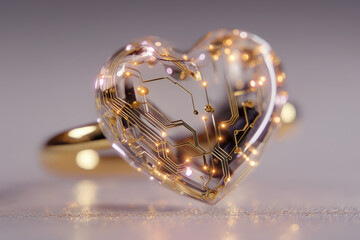 Floating crystal heart pendant with gold ring and glowing circuit trace lines on soft bokeh background