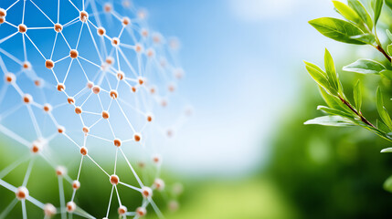 Green leaves contrast against a blue sky with a geometric network, symbolizing nature and technology