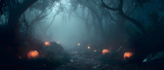 Fototapeta premium Mysterious Forest Path Lined with Glowing JackoLanterns on Halloween Night.