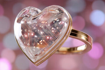 Floating crystal heart pendant with gold ring and glowing circuit trace lines on soft bokeh background