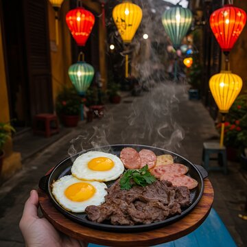 hot plate of bo ne (Vietnamese sizzling steak and eggs) with a thin steak, fried eggs, pate, and Vietnamese sausage, arriving at a table in a Hoi An alley. The dramatic steam and vibrant colors are il