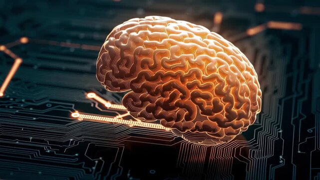 Futuristic brain artificial intelligence neural network digital circuit technology innovation cyber science data concept glowing brain artificial