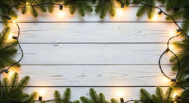 Christmas fir tree branch frame with string lights on white wood
