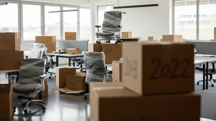 Office chairs wrapped in plastic are stacked with labeled boxes, indicating a move or storage