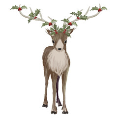 クリスマスオーナメント（ヒイラギ）付けたトナカイの水彩イラスト