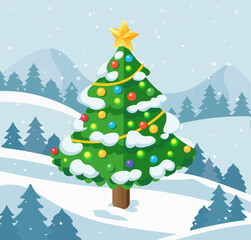 Isometric Christmas tree with snow and glowing lights in winter landscape. Illustration.