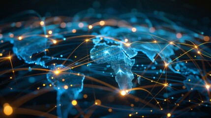 Global network connections visualized as a digital world map