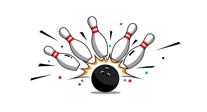 An exciting cartoon depiction of a bowling ball making a perfect strike, sending pins flying with a powerful impact