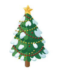 Isometric Christmas tree with snow, red and gold decorations, and yellow star on top. Isolated on white background. Illustration.