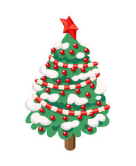 Isometric Christmas tree with red decorations, snow, and red star. Isolated on white background. Illustration.