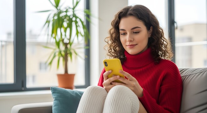 Young woman with curly hair in red sweater using smartphone at home.