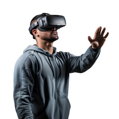 Young man wearing VR headset, transparent background