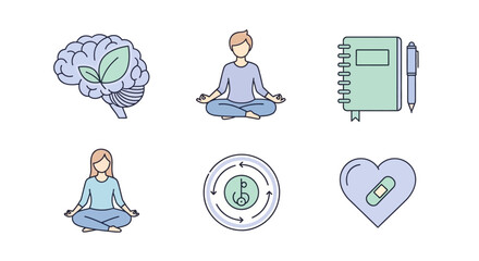 Mental Health App Vector Icons, meditation, journaling, and breathing exercises for wellness apps