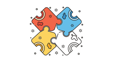 Four colorful puzzle pieces connecting to form a whole, symbolizing teamwork and solutions