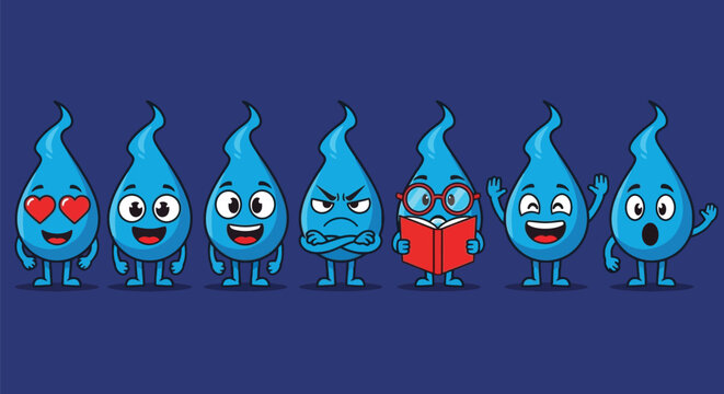 Water drop characters with expressions vector illustration set