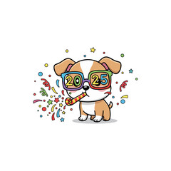 A cheerful cartoon dog celebrating New Year 2025 with colorful "2025" glasses and a party horn. Surrounded by confetti, streamers, and stars, this festive illustration captures the joyful spirit of Ne