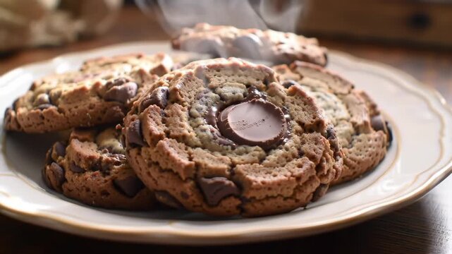 Close-up of warm, steaming chocolate cookies on plate, perfect for dessert or bakery menu