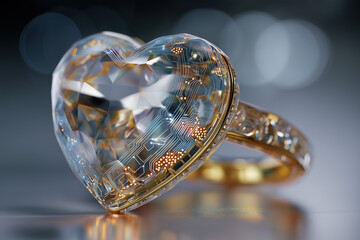 Floating crystal heart pendant with gold ring and glowing circuit trace lines on soft bokeh background