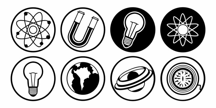 Collection of science related icons including atom, magnet, lightbulb, earth, and compass symbols