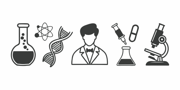 Illustration of scientific equipment including flasks dna atom scientist and microscope icon set