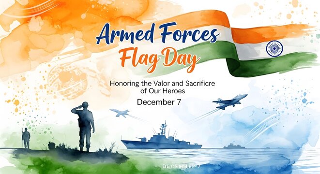 Indian armed forces flag day watercolor illustration with flag and silhouettes - Powered by Adobe