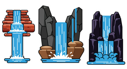Vector illustration of waterfall designs with rocks and water flow