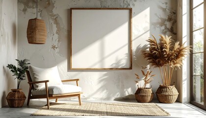 Sunlit room, textured wall, wooden chair, pampas grass, and a blank canvas