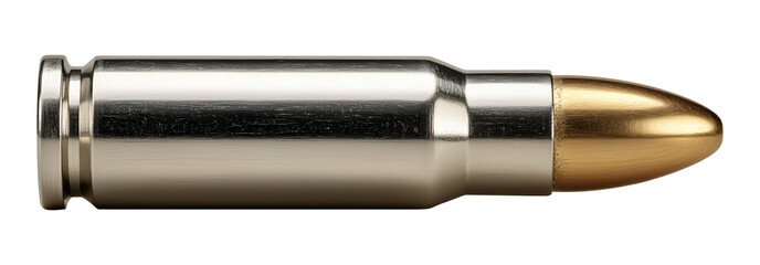 Metallic bullet cartridge shown from side angle, isolated on transparent background