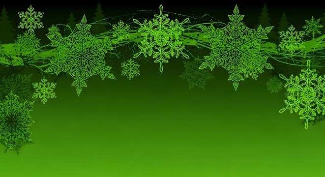 Green snowflakes and trees create a festive winter background