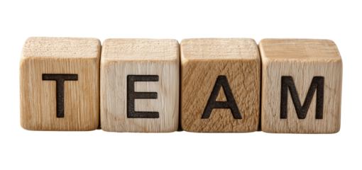 Four wooden letter blocks spelling word TEAM in row, isolated on transparent background