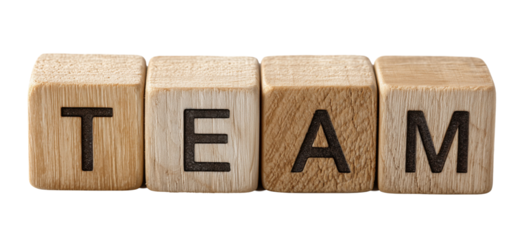 Four wooden letter blocks spelling word TEAM in row, isolated on transparent background