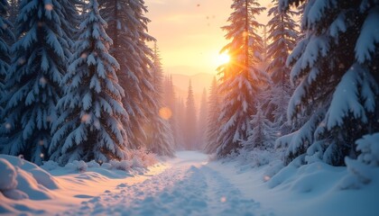 Snow-covered pine forest with golden sunrise and falling snowflakes