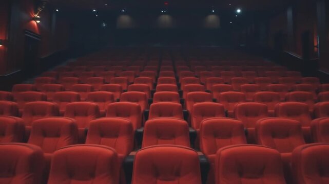 Red cinema seats are lined up in the theater, ready for the upcoming film. 4k video