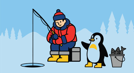Ice fishing illustration man penguin winter scene vector graphic