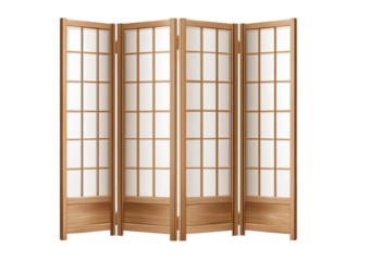 A four-panel folding room divider with wood frames and grid-patterned, translucent inserts