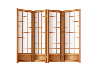 A wooden folding screen, with four panels of light brown wood and white paper inserts