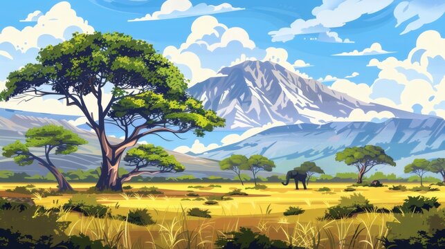 African savanna landscape with elephant and acacia trees under a bright blue sky - Powered by Adobe