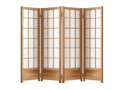 A four-panel folding room divider with wood frames and grid-patterned, translucent inserts