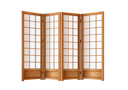 A wooden folding screen, with four panels of light brown wood and white paper inserts
