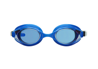 Close-up of blue swimming goggles with clear frames and adjustable strap, isolated on black