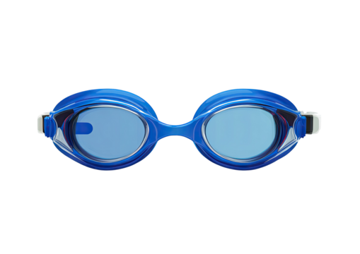 Close-up of blue swimming goggles with clear frames and adjustable strap, isolated on black