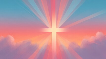 Christian cross with rays of light against a pastel sky and cloud illustration