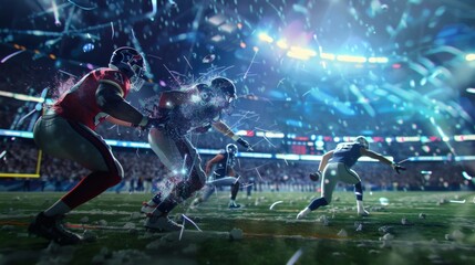 American football players in intense action during a night game