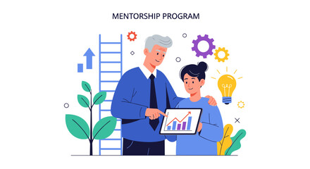 A mentor guides a mentee, pointing at a tablet displaying a financial growth chart, symbolizing guidance and business development.